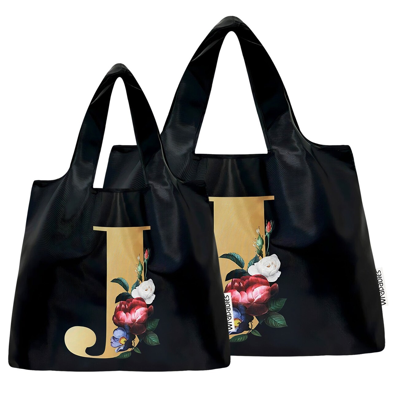 Wrapables Large & Small Nylon Reusable Grocery Bags, Initial Letter Tote Gift Bag for Wedding, Set of 2, Letter J